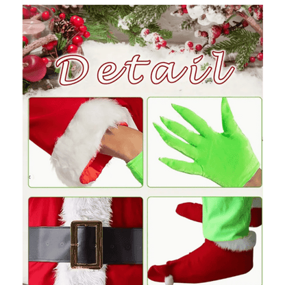 Christmas Cosplay Costume Set with Cute Green Character Headgear, Santa Hat, and Gloves - 3pcs Holiday Party Wear, Soft Latex Material