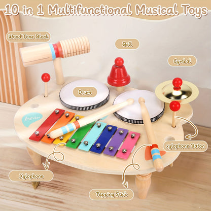 Children's Drum Kit, 10-in-1 Musical Instruments Children From 1 2 3 Years With Xylophone, Baby Toy, Children's Toy, Wooden Toy For Easter, Christmas, Gift For Boys And Girls