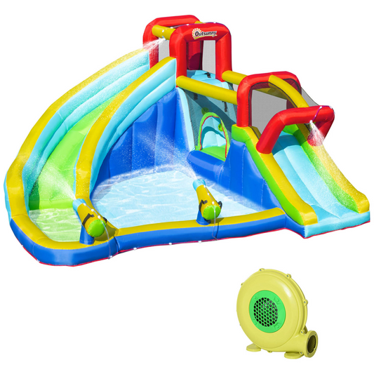 Outsunny Kids Bouncy Castle Water Slide 5 in 1 Inflatable Bounce House Jumping Castle Water Pool Gun Climbing Wall with Air Blower for Kids Age 3-8, 3.85 x 3.65 x 2m