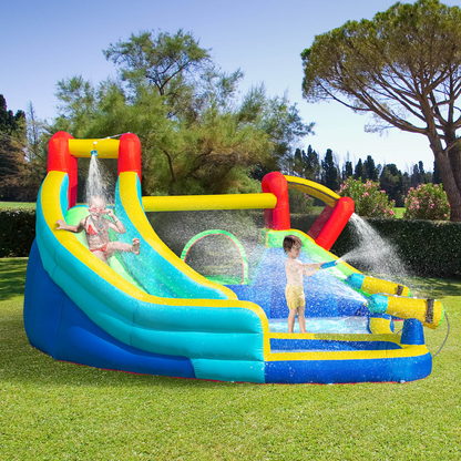 Outsunny Kids Bouncy Castle Water Slide 5 in 1 Inflatable Bounce House Jumping Castle Water Pool Gun Climbing Wall with Air Blower for Kids Age 3-8, 3.85 x 3.65 x 2m