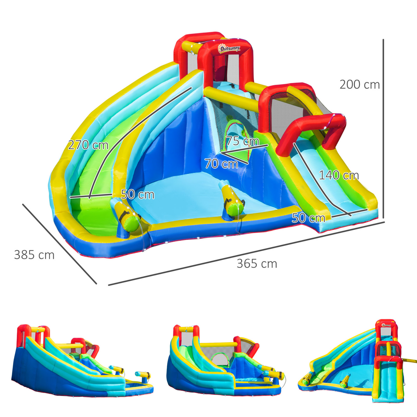 Outsunny Kids Bouncy Castle Water Slide 5 in 1 Inflatable Bounce House Jumping Castle Water Pool Gun Climbing Wall with Air Blower for Kids Age 3-8, 3.85 x 3.65 x 2m