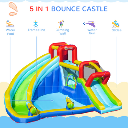 Outsunny Kids Bouncy Castle Water Slide 5 in 1 Inflatable Bounce House Jumping Castle Water Pool Gun Climbing Wall with Air Blower for Kids Age 3-8, 3.85 x 3.65 x 2m