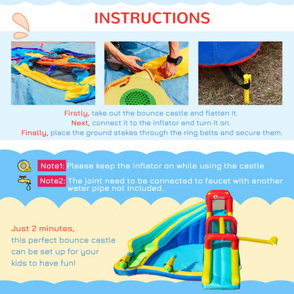 Outsunny Kids Bouncy Castle Water Slide 5 in 1 Inflatable Bounce House Jumping Castle Water Pool Gun Climbing Wall with Air Blower for Kids Age 3-8, 3.85 x 3.65 x 2m