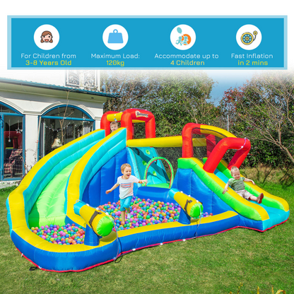 Outsunny Kids Bouncy Castle Water Slide 5 in 1 Inflatable Bounce House Jumping Castle Water Pool Gun Climbing Wall with Air Blower for Kids Age 3-8, 3.85 x 3.65 x 2m