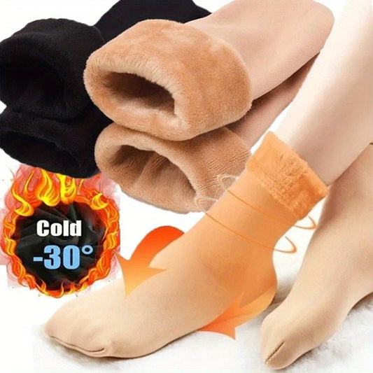 Women's Thermal Insulated Knit Polyester Socks - 2 Pairs, Solid Color, Hand Wash Only, Winter Thick Warm Short Cashmere Feel Snow Velvet Socks for Home and Boots