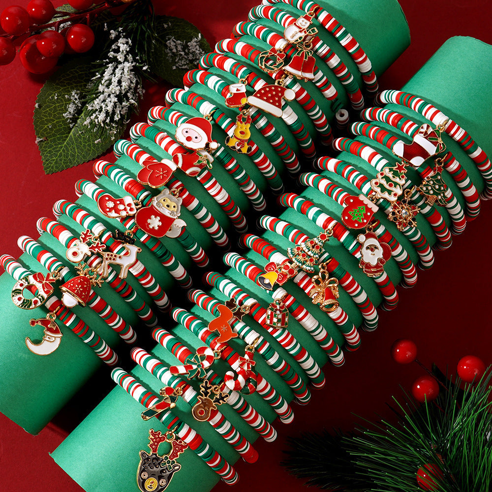 6pcs/set Soft Ceramic Beads Christmas Colorful Beaded Bracelet Set, Santa Claus Deer Tree Bell Stocking Gloves Gift Box Ornaments, Christmas Party Gifts