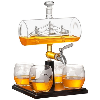 A set of wine accessories, including 1 decanter 44oz/1300ml, 4 glasses 10oz/300ml, 1 wooden stand