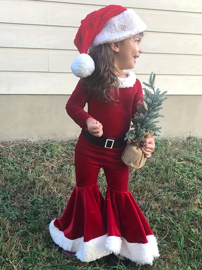 Christmas Long Sleeve Top + Bell Bottom Pants + Hat Three-piece Youngsters's Clothing Set