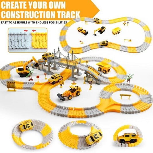 276pcs Boys Construction Race Track Set: Trucks, Cars, and Flexible Engineering Road Playset