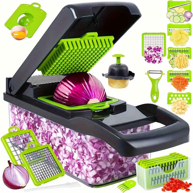 15pcs/set Ultimate Kitchen Companion - Multifunctional Vegetable Chopper, Fruit Slicer, Food Grater, Onion Mincer, Potato Shredder with Interchangeable Blades, Container and Ergonomic Handle for Easy Meal Prep and Cooking