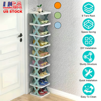 9/5 Tier Narrow Entryway Shoe Rack Plastic Vertical Shoe Organizer Space Saving Free Standing Shoes Storage Shelf Closet Hallway Free Standing Shoe Racks