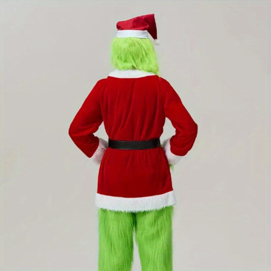 Christmas Cosplay Costume Set with Cute Green Character Headgear, Santa Hat, and Gloves - 3pcs Holiday Party Wear, Soft Latex Material