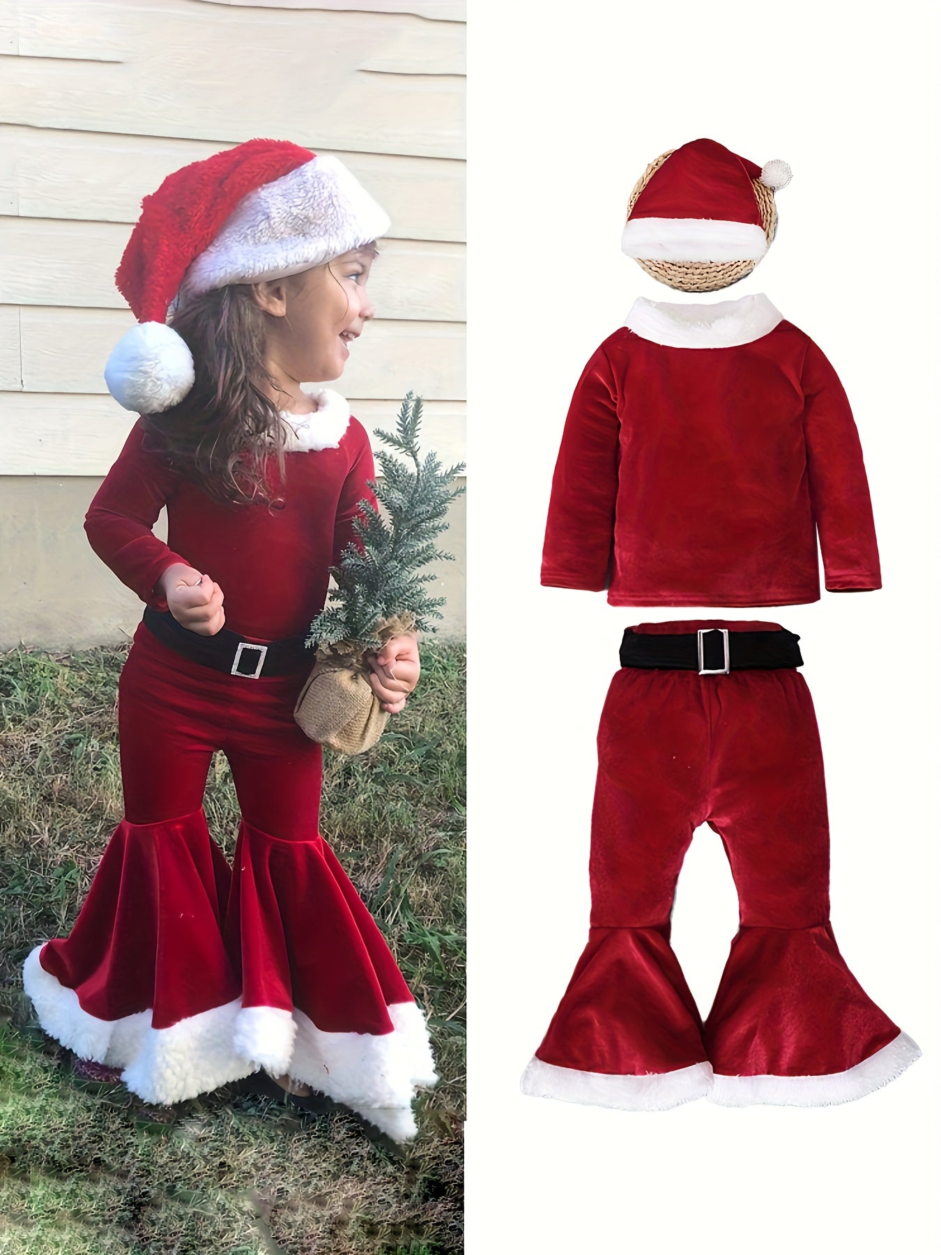 Christmas Long Sleeve Top + Bell Bottom Pants + Hat Three-piece Youngsters's Clothing Set