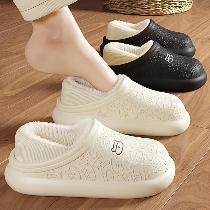 Unisex Waterproof Slippers, Winter Indoor Home Use, Anti-slip Plush Teddy Bear Thick Sole Slippers With Heel