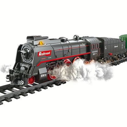 Deluxe Steam Engine Train Set with Long Track - Electric Toy with Realistic Sounds, Spray Lights & Durable ABS Construction