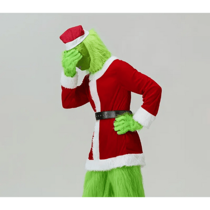 Christmas Cosplay Costume Set with Cute Green Character Headgear, Santa Hat, and Gloves - 3pcs Holiday Party Wear, Soft Latex Material