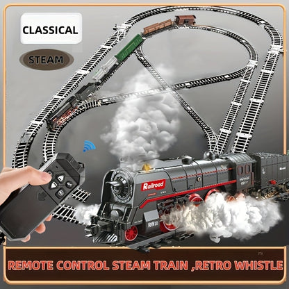 Deluxe Steam Engine Train Set with Long Track - Electric Toy with Realistic Sounds, Spray Lights & Durable ABS Construction