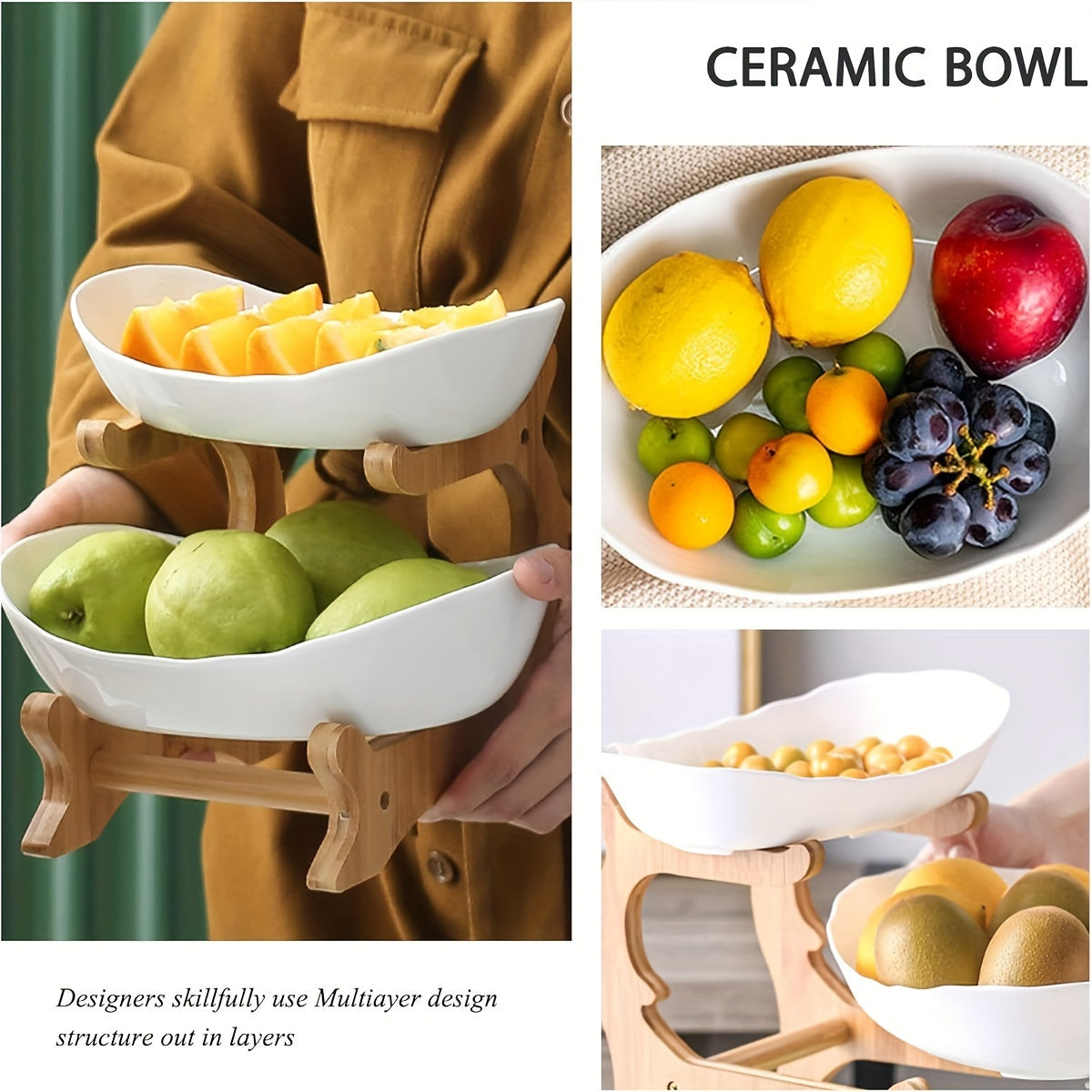 1PCS Ceramic Fruit Bowl With Bamboo Wooden Stand 2/3 Layers For Kitchen Counter, Ceramic Fruit Basket For Vegetable Storage, Snack Dessert Cake Tray Plate Rack For Party Wedding - White