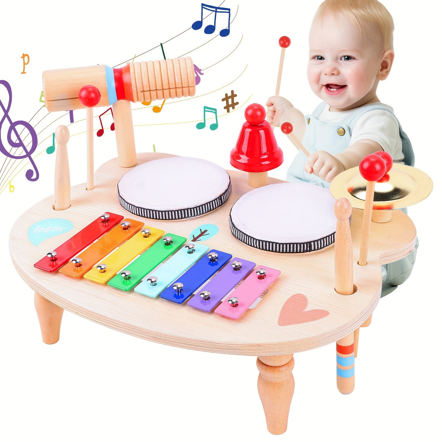 Children's Drum Kit, 10-in-1 Musical Instruments Children From 1 2 3 Years With Xylophone, Baby Toy, Children's Toy, Wooden Toy For Easter, Christmas, Gift For Boys And Girls