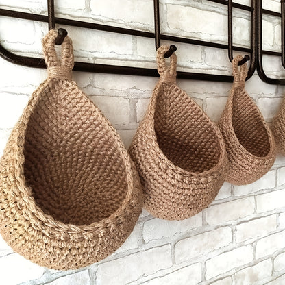 3-Pack Boho Chic Hanging Fruit Baskets - Handwoven Teardrop Wall Storage for Kitchen, Holds Garlic, Potatoes, Vegetables, Onions - Brown, Rustic, Space-Saving, Easy to Install, Durable, and Versatile